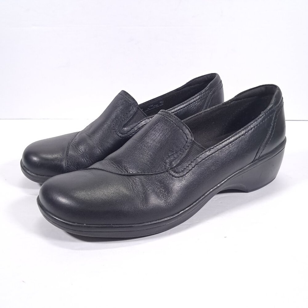 Clarks Bendables Wedge Shoes Women 7.5 M Black Leather Slip On May Poppy 38629
